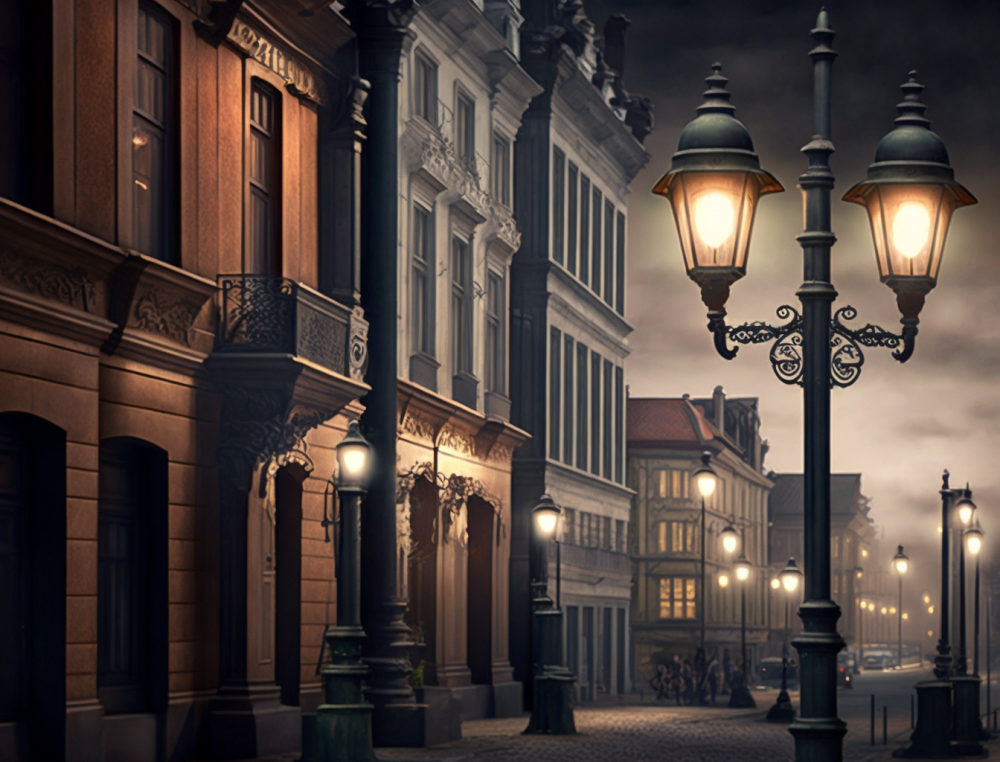 Уличные фонари на Советской в Бресте. Фото создано нейросетью Midjourney