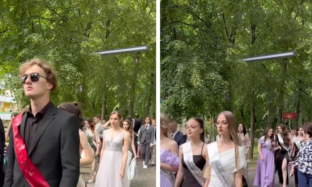 Скриншот видео в Instagram c шествием выпускников «Алые паруса 2024» в Бресте.