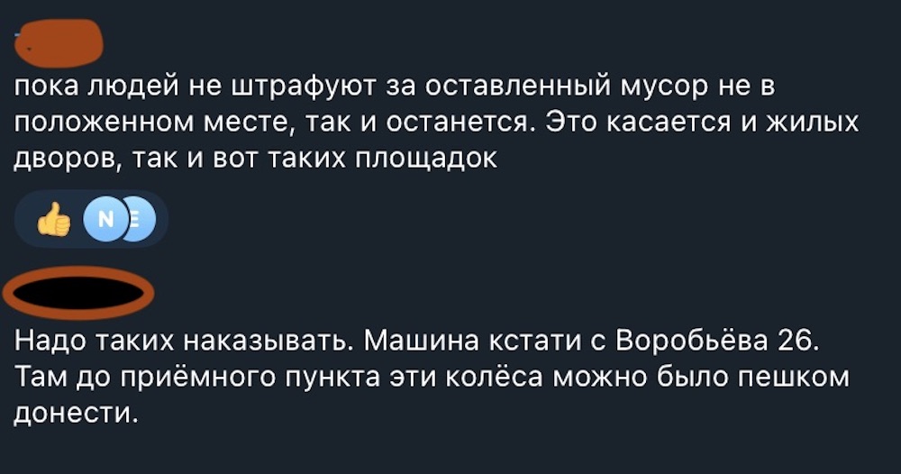 Скриншот комментариев в телеграме по поводу поступка мужчины, выкинувшего покрышки около контейнеров для раздельного сбора мусора в Бресте.