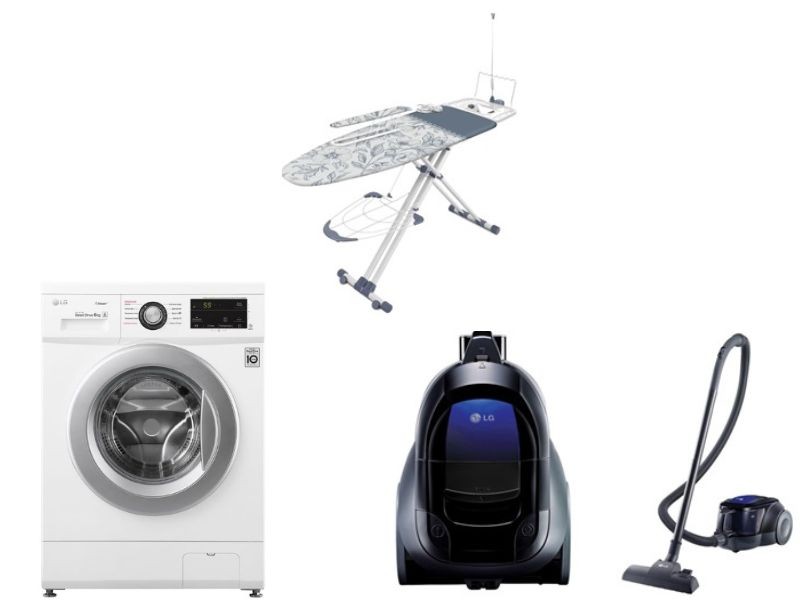 Гладильная доска, стиральная машина и пылесос, которые Брестский облисполком закупил для квартиры №3 в доме на улице Энгельса, 11. Коллаж из фото в документах на сайте госзакупок.