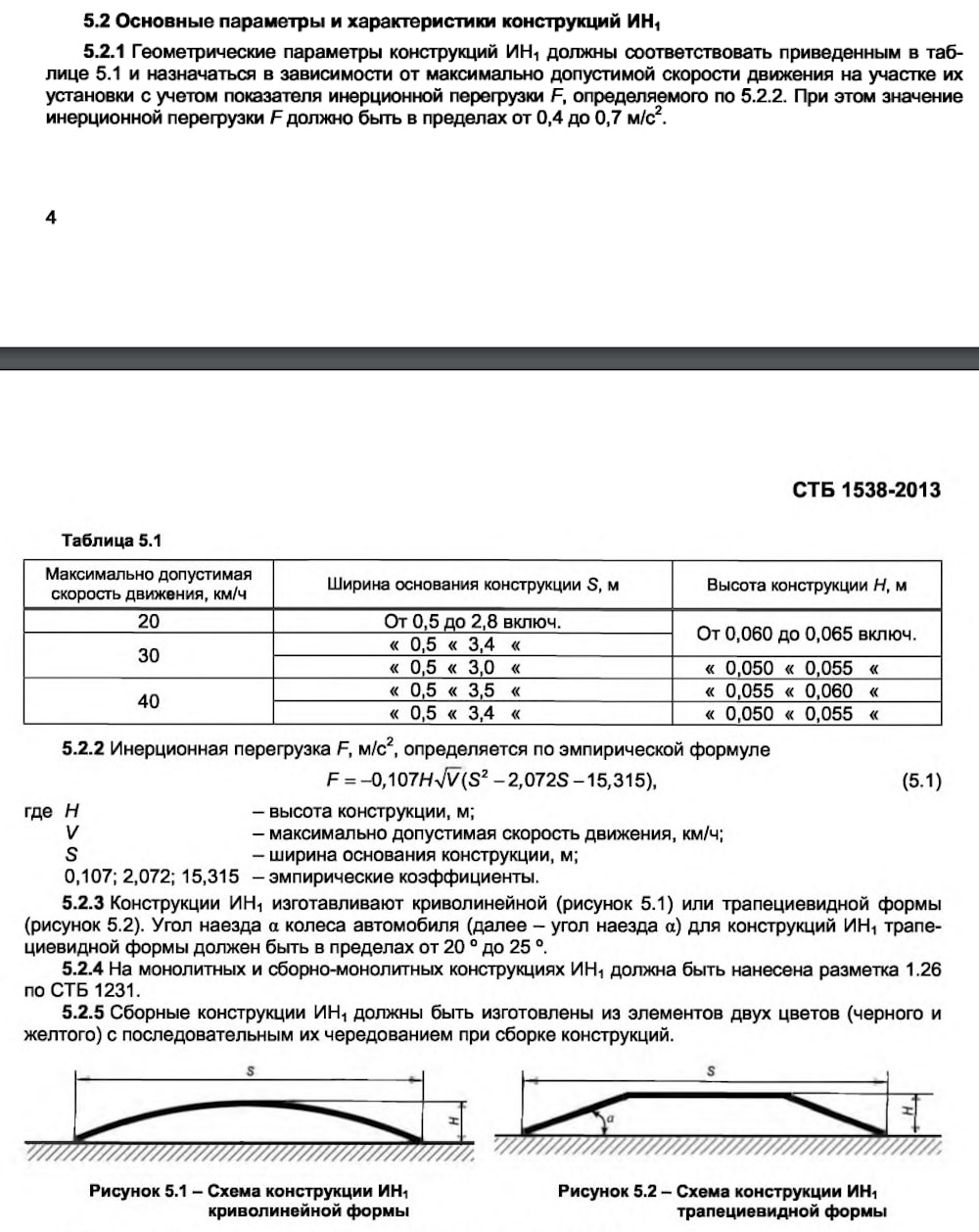 Основные параметры и характеристики конструкций ИН (искусственных неровностей). Скриншот с СТБ 1238-2013.