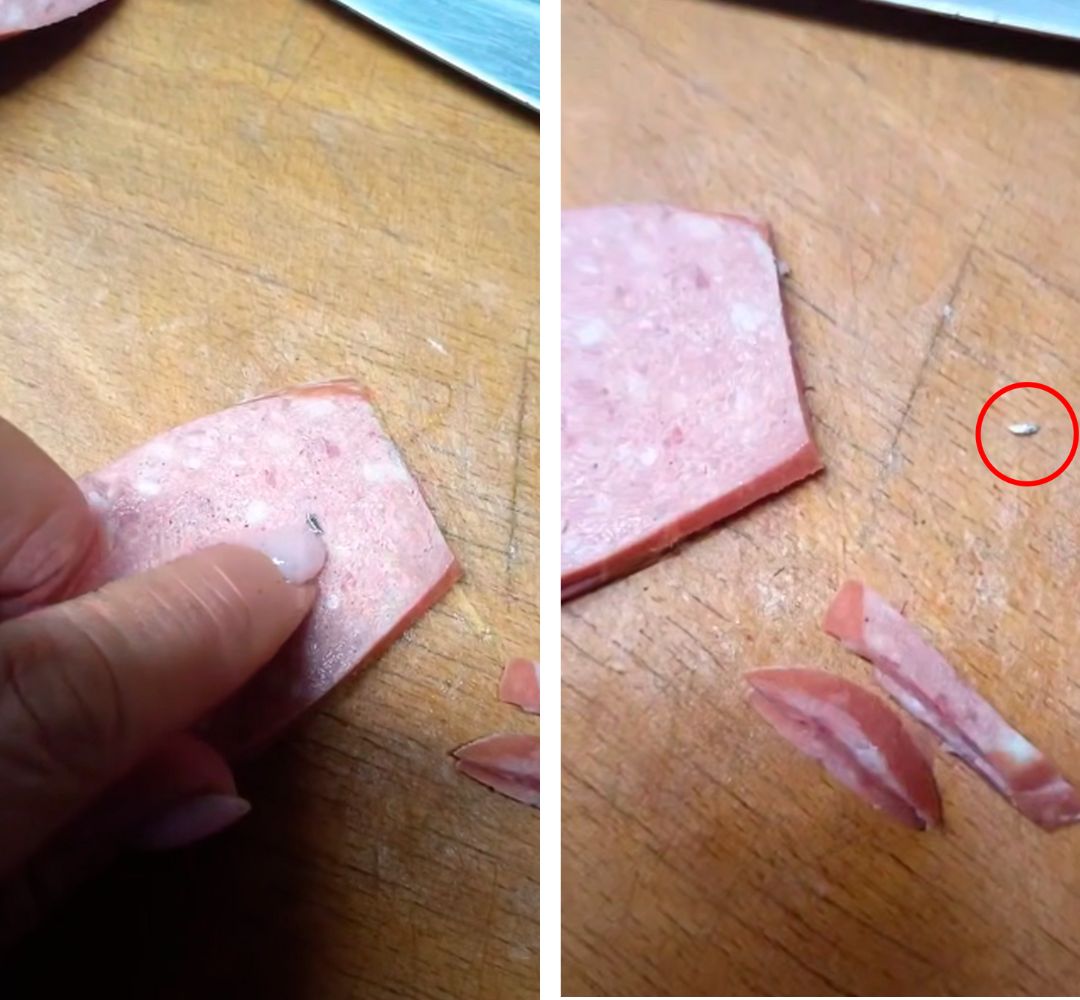 Скриншот видео с колбасой от Брестского мясокомбината, в которой якобы нашли кусок металла.