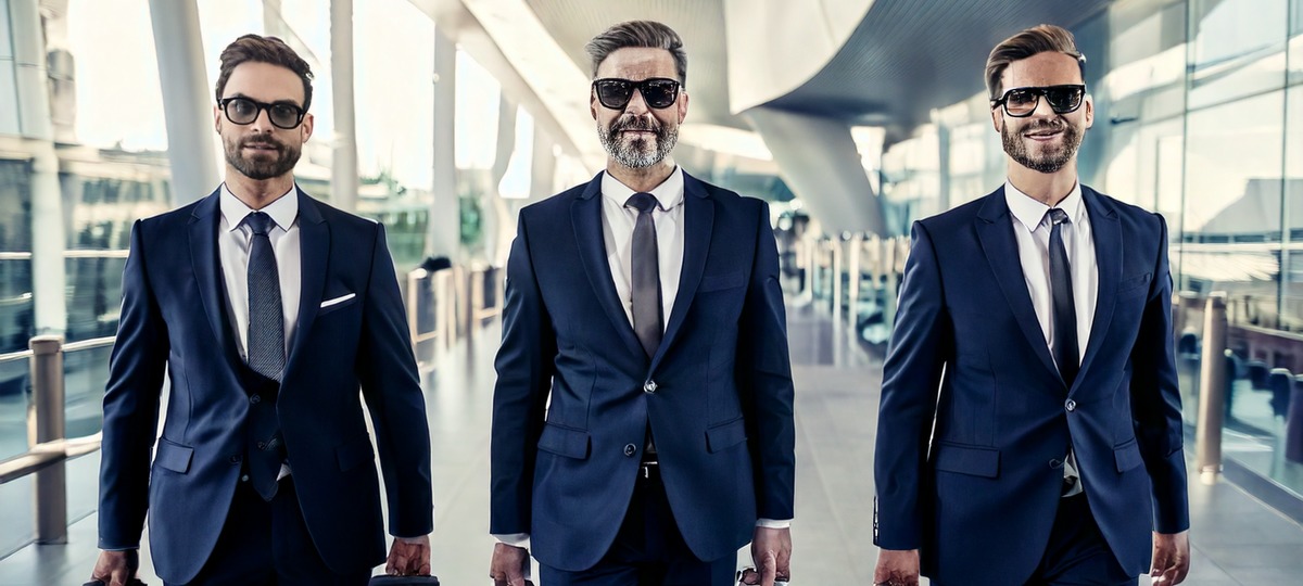 Трое мужчин в деловых костюмах. Изображение сгенерировано в нейросети Adobe Firefly