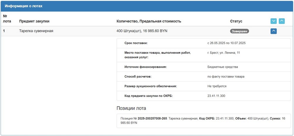 Тендер Брестского облисполкома на сувенирные тарелки. Скриншот сайта госзакупок