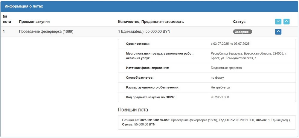 Тендер на проведение салюта в Бресте 3 июля 2025 года. Скриншот сайта госзакупок