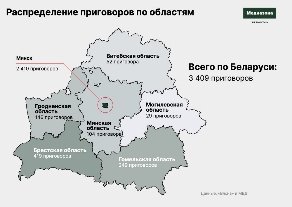 Распределение приговоров за протесты по областям Беларуси. Инфографика «Медиазоны»
