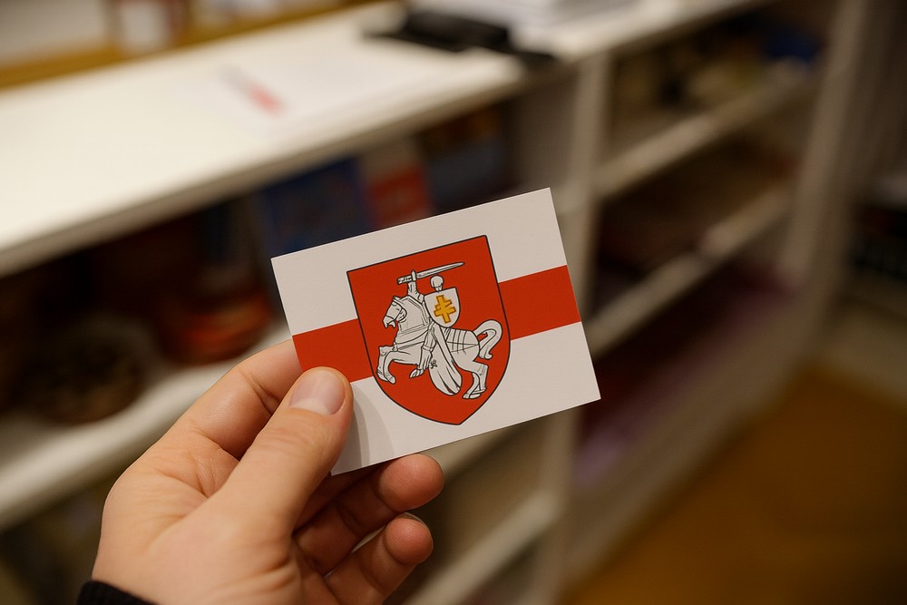 наклейка з «Пагоняй» у мужчынскай руцэ