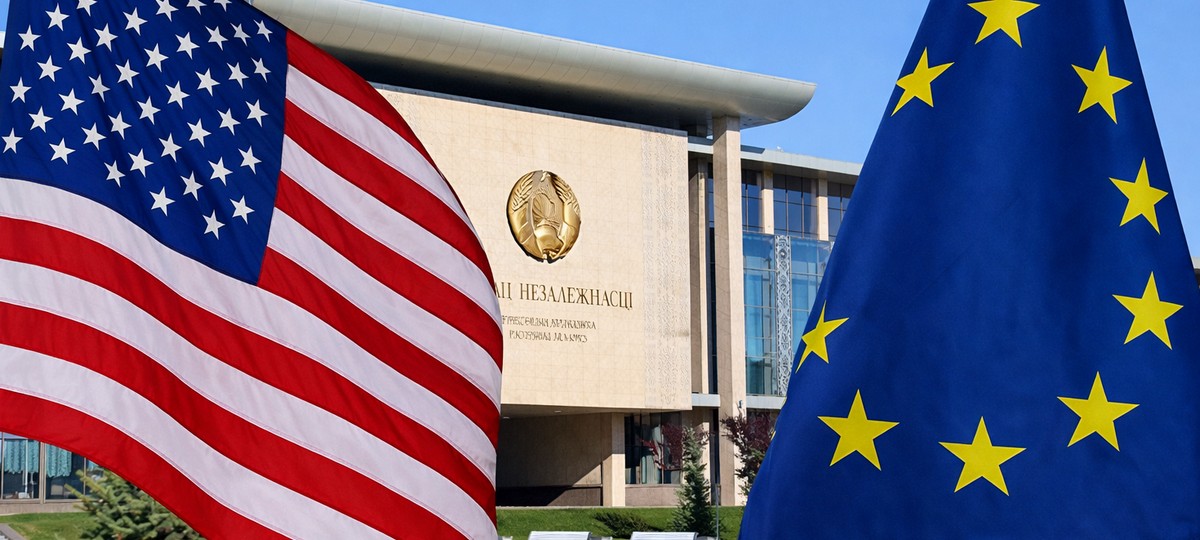 Флаги США и Европейского союза на переднем плане на фоне Дворца независимости в Минске — визуальный образ „коллективного Запада“ в официальной риторике властей
